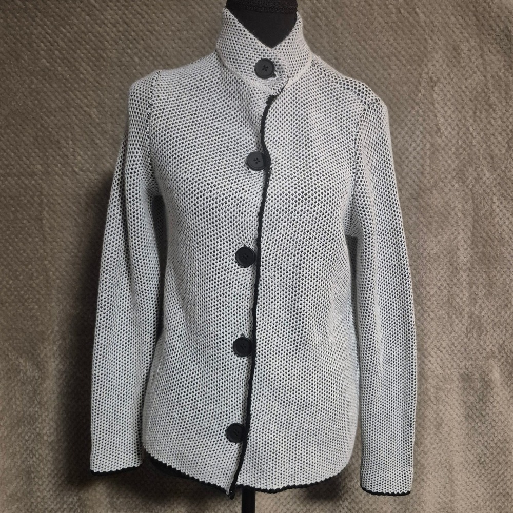 Chicos Black White Metallic Knit Button Front Cardigan Sweater Size 4/ Chicos 0
